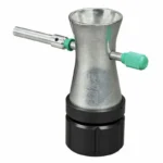 RCBS Product, angled view of silver metal funnel-shaped tool with black base and green adjustment knob