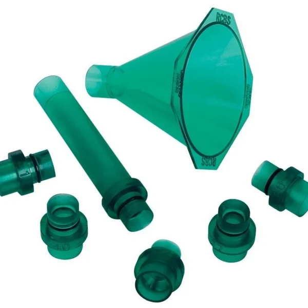 RCBS Quick Change Powder Funnel Kit, green funnel, extension tube and assorted adapters