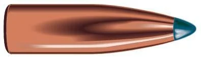 Speer Hot-Cor Rifle Bullets, side view of a copper-coloured pointed bullet with blue tip