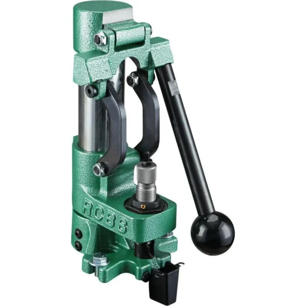 RCBS Short Handle for Summit Press, black handle mounted on a green press