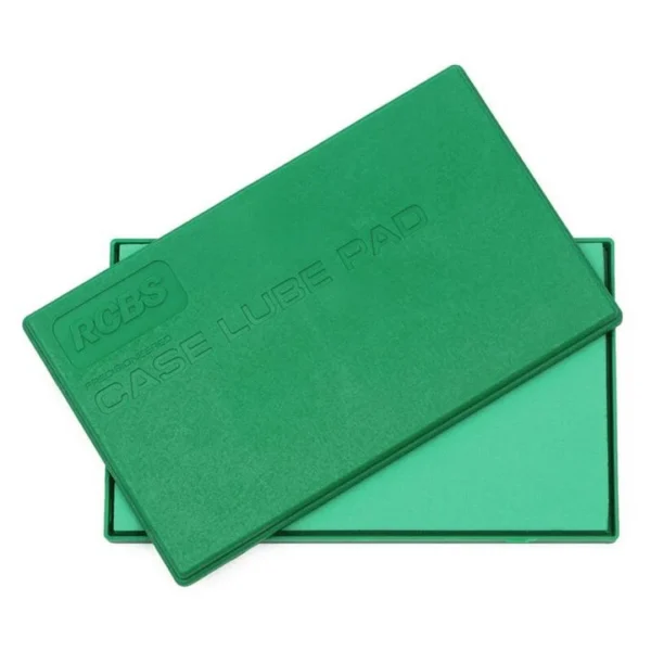RCBS Case Lube Pad, green rectangular pad and lid in angled top view