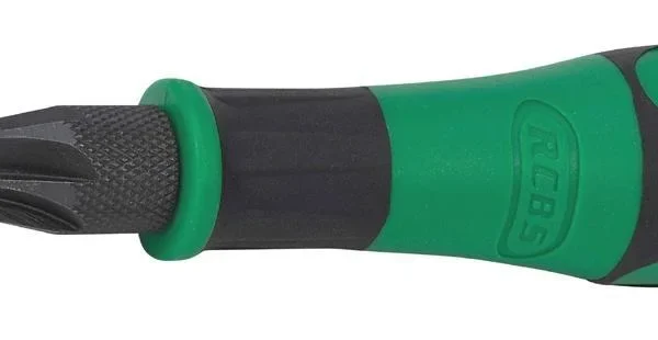 RCBS VLD Deburring Tool with Handle, side view with black tip and green and black grip