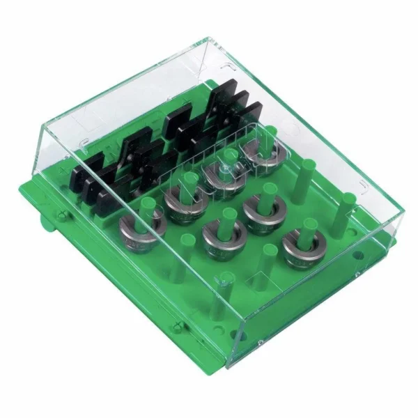 RCBS Shell Holder Rack, green rack with clear cover, black pegs and silver shell holders