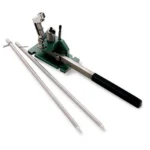 RCBS Automatic Priming Tool, angled top view of green metal tool with black handle and silver rods