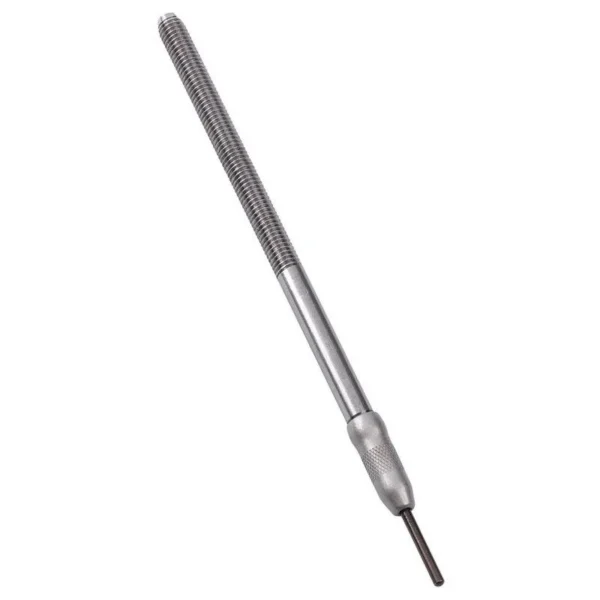 RCBS Expander/Decapping Assembly, angled view of a slim silver threaded metal rod