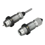 RCBS AR Small Base Die Set with two silver dies and black locking rings, angled front view