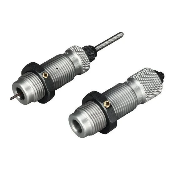 RCBS AR Small Base Die Set with two silver dies and black locking rings, angled front view