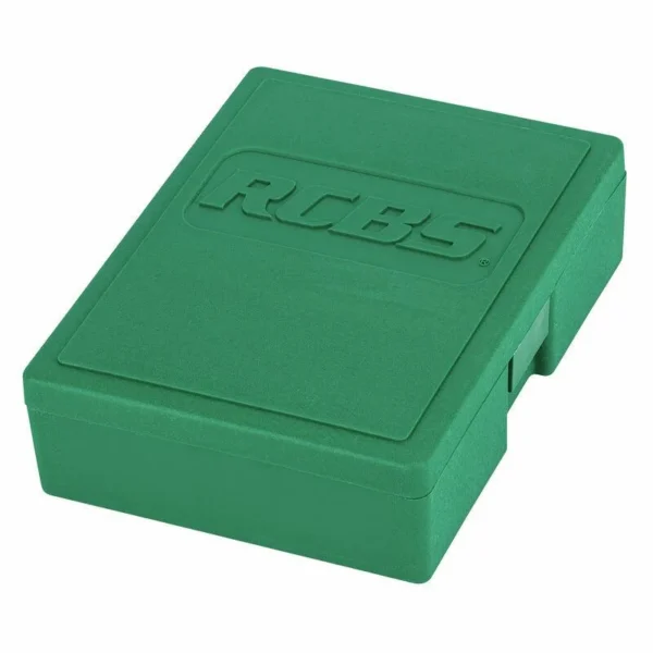 RCBS Empty Die Box, green closed case in angled top view with raised RCBS logo