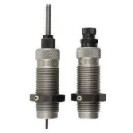 RCBS Full Length Die Set, front view of two silver threaded dies with black locking rings