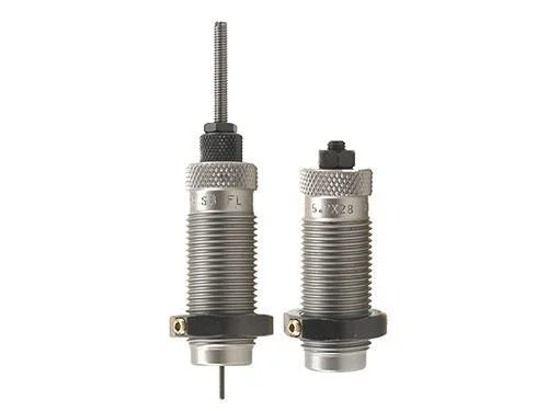 RCBS Small Base Die Set Group D 5.7x28, two silver dies in front view