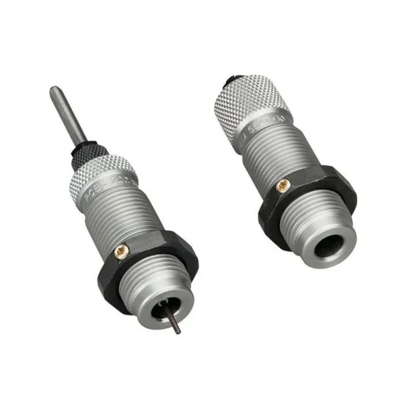 RCBS Full Length Die Set, two silver dies with knurled tops and black locking rings