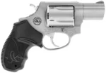 Taurus 605 Handgun, right-side view with matte stainless finish, short barrel and black grip