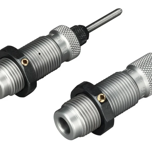 RCBS AR Small Base Die Set, two silver dies in angled front view with knurled caps