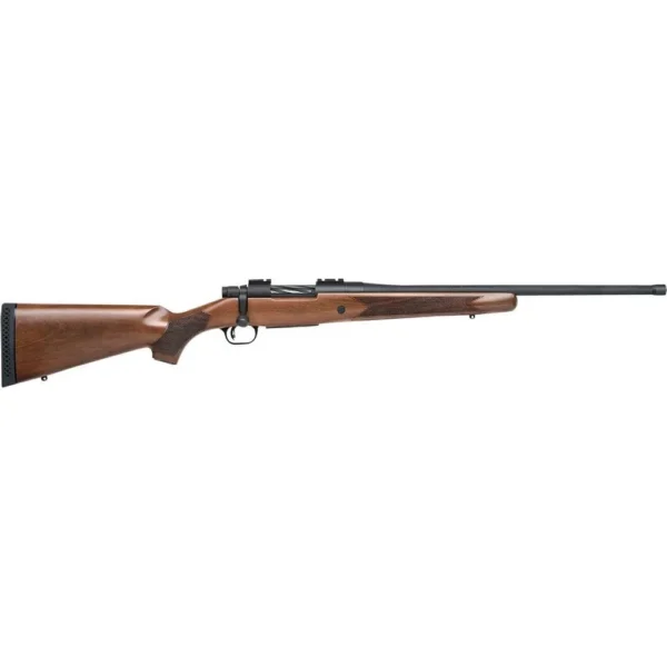 Mossberg Patriot brown walnut-stock rifle, left-side profile with black barrel and recoil pad