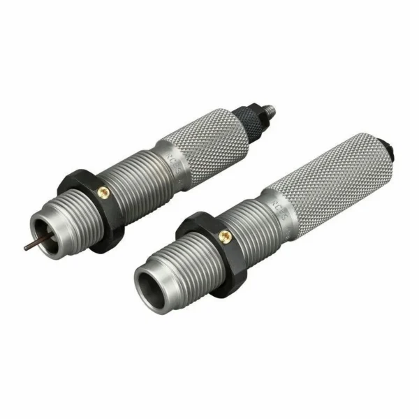 RCBS Safari Full Length Die Set, two silver knurled dies in angled view