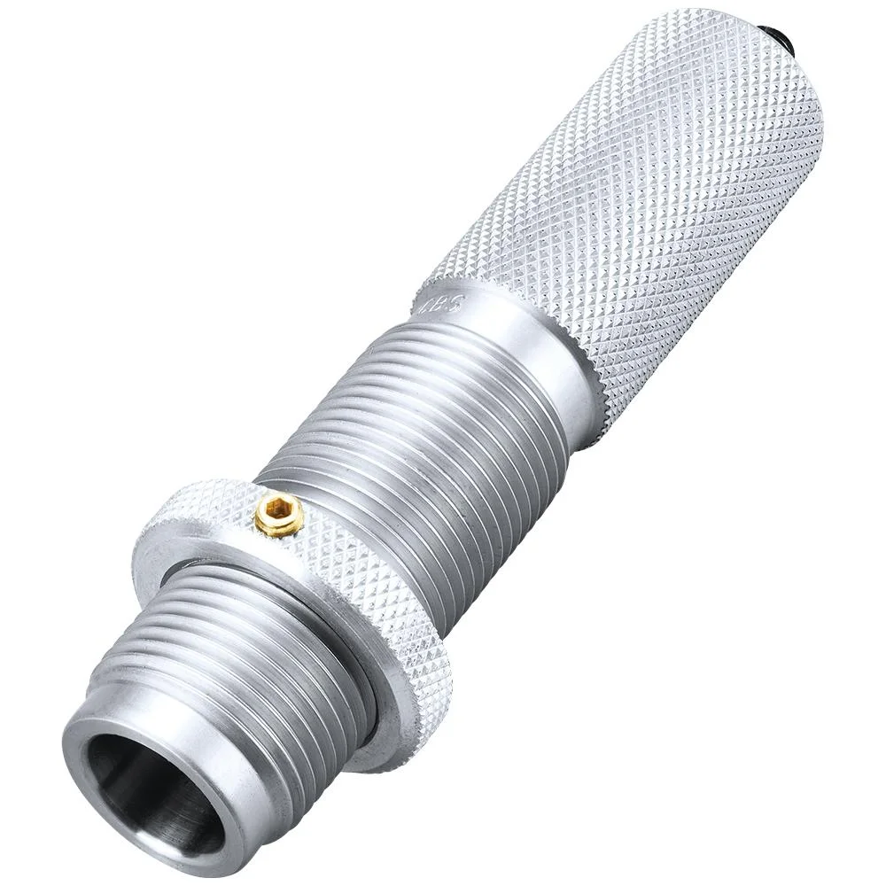 primary-28458 RCBS Safari Die 3-Die Roll Crimp Set, angled close-up of a silver threaded die with knurled top