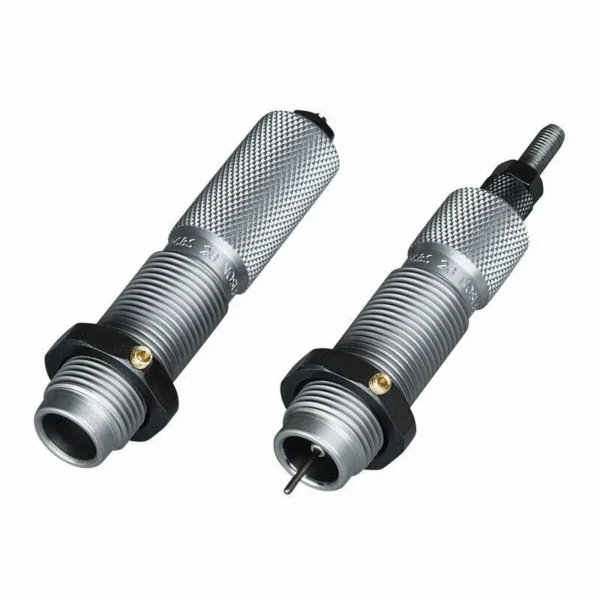 RCBS Full-Length Die Set Group D, two silver threaded reloading dies in angled view