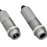 RCBS Full Length Die Set 1-1/2 Inch-12, two silver knurled dies in angled view