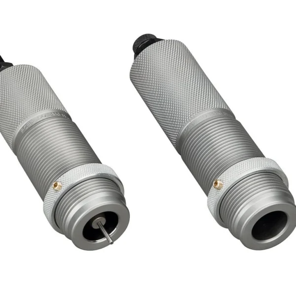 RCBS Full Length Die Set 1-1/2 Inch-12, two silver knurled dies in angled view