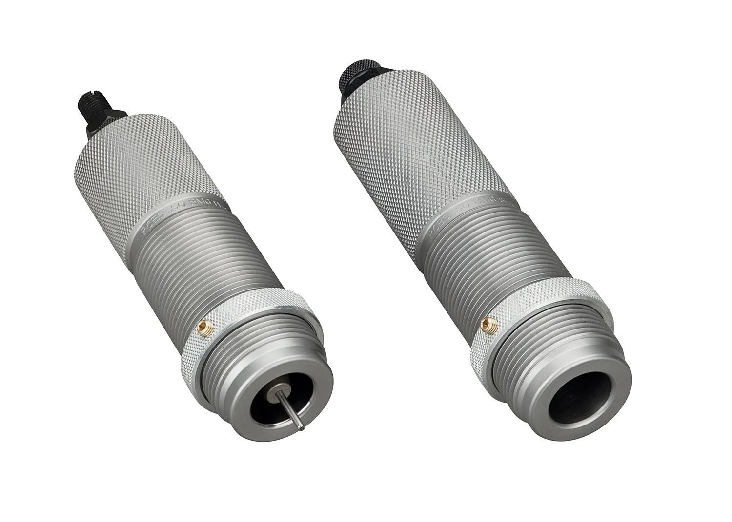 primary-28501 RCBS Full Length Die Set 1-1/2 Inch-12, two silver knurled dies in angled view