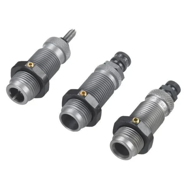 RCBS Carbide Roll Crimp 3 Die Set, three silver threaded reloading dies in angled view