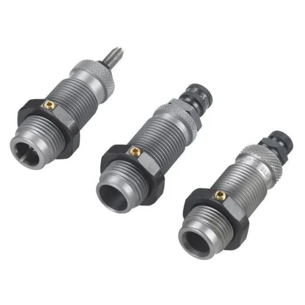 RCBS 3-die Carbide Taper Crimp Set three silver threaded dies in angled views