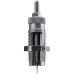 RCBS Carbide Sizer Die upright front view with silver threaded body and black center