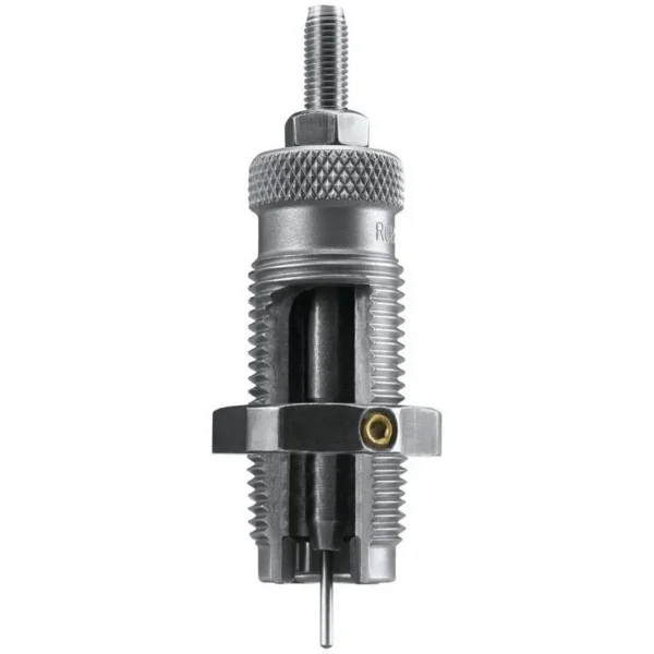 RCBS Carbide Sizer Die upright front view with silver threaded body and black center