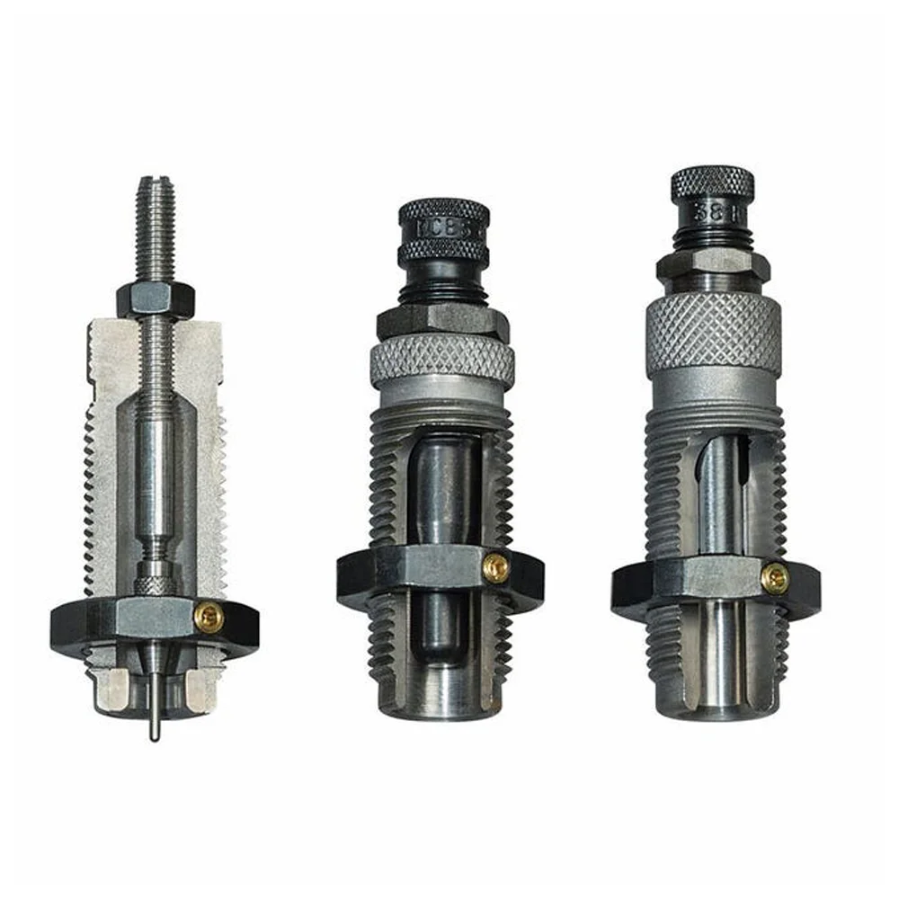 primary-28608 RCBS 3-Die Roll Crimp Set, three silver and black reloading dies in front view