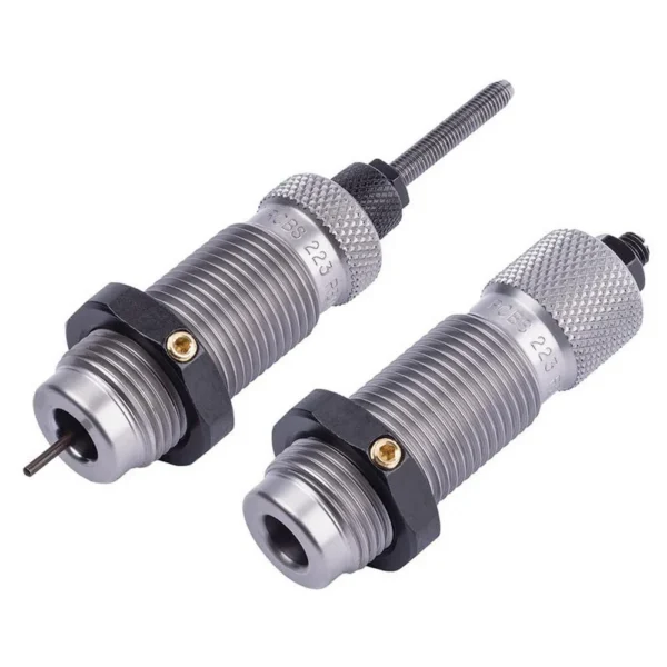 RCBS Full Length Die Set, angled view of two silver threaded reloading dies