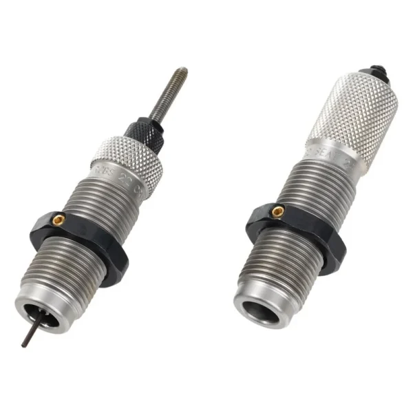 RCBS Full Length Die Set, two silver threaded reloading dies with black locking rings
