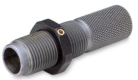 RCBS Neck Expander Body, gray threaded metal tool with knurled end, angled side view