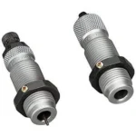 RCBS X Die Small Base Die Set, two silver dies upright with knurled caps and black lock rings
