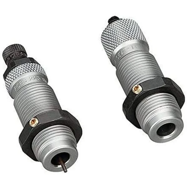 RCBS X Die Small Base Die Set, two silver threaded dies in angled view