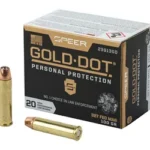 Speer SPR Gold Dot, black and gold ammunition box with two brass cartridges