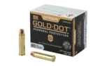 Speer SPR Gold Dot, black and gold ammunition box with two brass cartridges