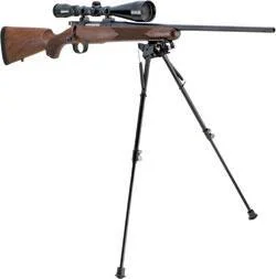 Champion Bipod with Cant & Traverse, black extended bipod mounted beneath a rifle, right-side view