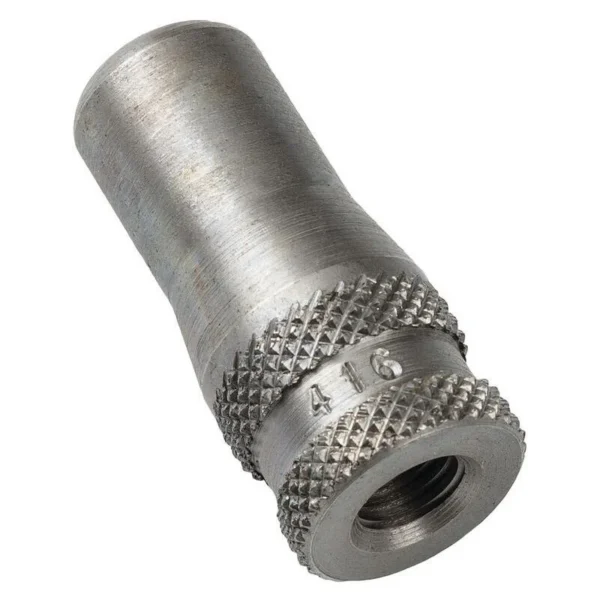 RCBS Neck Expander Plug, angled silver metal plug with knurled base and threaded opening