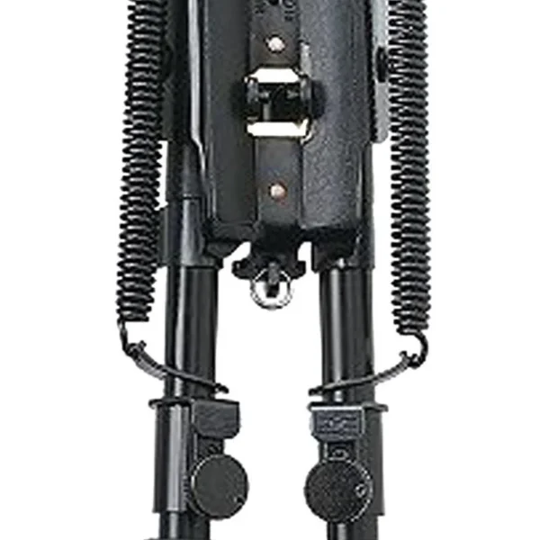 Champion Rock Mount Adjustable bipod, black, front view with folded legs, springs and rubber feet