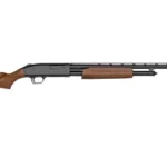 Mossberg MSBRG 500, right-side view with wood stock and fore-end, black receiver and vent rib