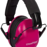 Champion Pink Slim Passive Hearing Protection Ear Muffs front view with pink cups and black padded band