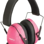 Champion Electronic Ear Muffs, pink ear cups with black cushions and padded headband, angled view
