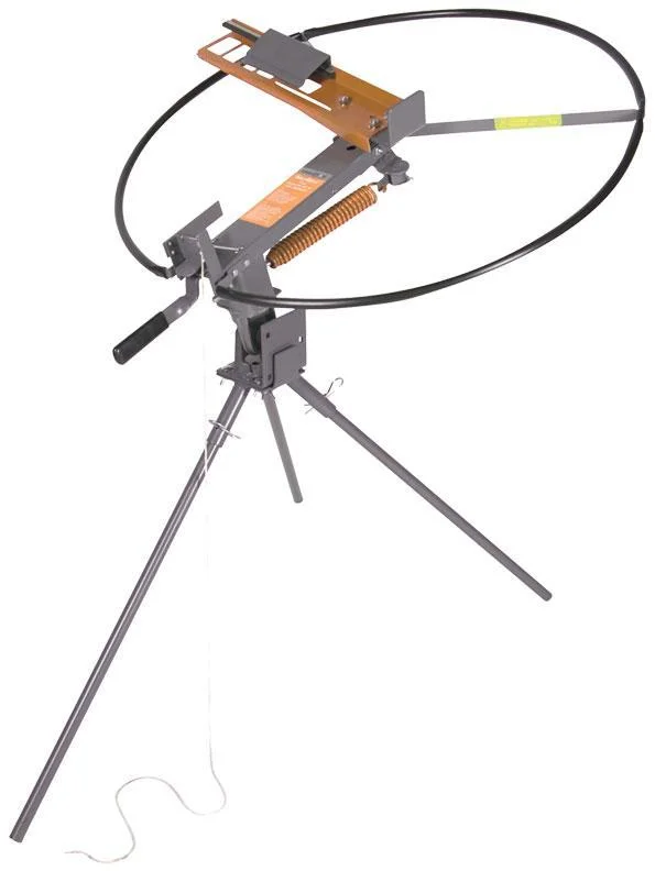 primary-28864 Champion SkyBird 3/4-Cock Trap with Tri-Pod, orange and black trap on three-legged stand