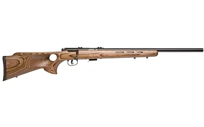 Savage Arms 93R17 BTV rifle, right-side view with brown laminate thumbhole stock