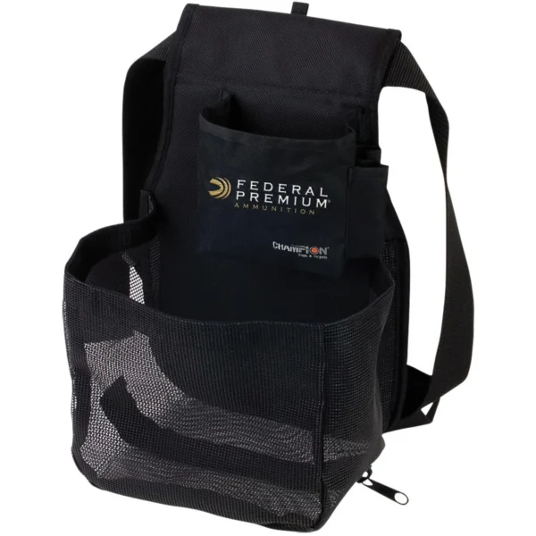 Champion Trapshooting Shell Pouch black pouch, front view with shoulder strap and mesh pocket