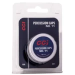 CCI #11 Percussion Caps for Muzzleloading, front view of blister pack with round metal tin