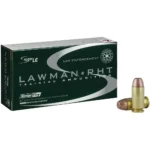 CCI Speer Lawman Handgun Ammunition, green and white box with three brass cartridges