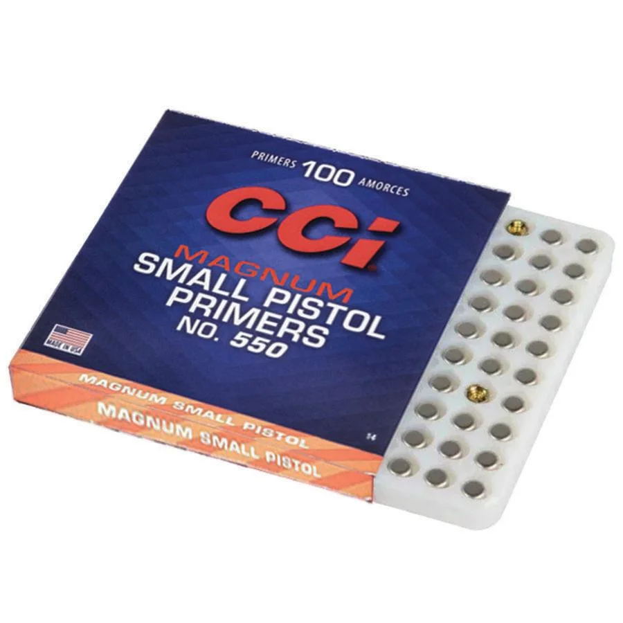 primary-28948 CCI Standard Primers #550, blue and orange box beside a white tray of primers