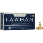 Cci Speer Lawman Cleanfire Handgun Ammunition, blue box with two cartridges displayed in front