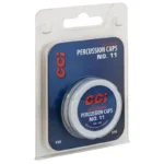 CCI #11 Magnum Percussion Caps, front of blister pack with round metal tin